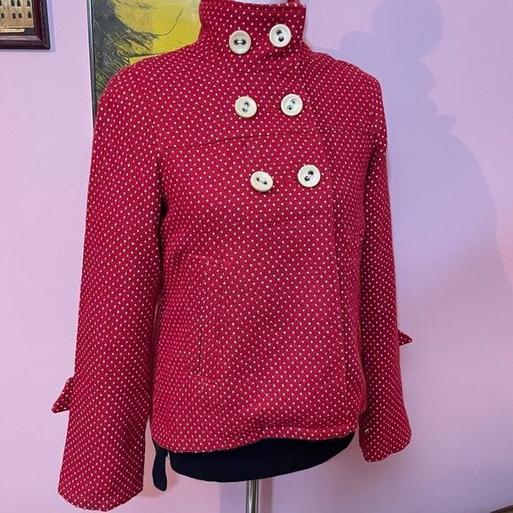 Anthropologie Sanctuary Clothing Retro Red Coat with white Polka Dots - Picture 5 of 14